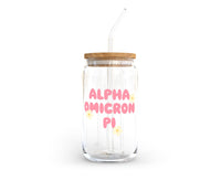 Alpha Omicron Pi Glass Cup with Yellow Flowers