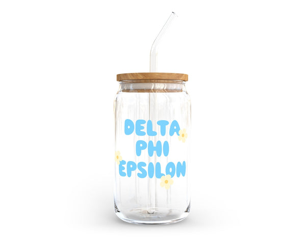 Delta Phi Epsilon Glass Cup with Yellow Flowers