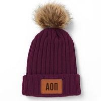 Alpha Omicron Pi Leather Patch Pom Pom Knit Hat