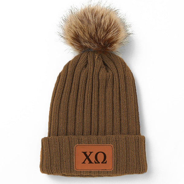 Chi Omega Leather Patch Pom Pom Knit Hat