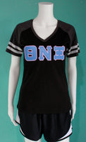 Theta Nu Xi Striped Sleeve V-Neck